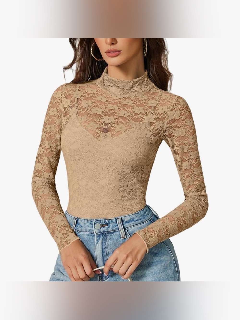 High-Neck Beige Lace Long Sleeve Avidlove two piece Bodysuit